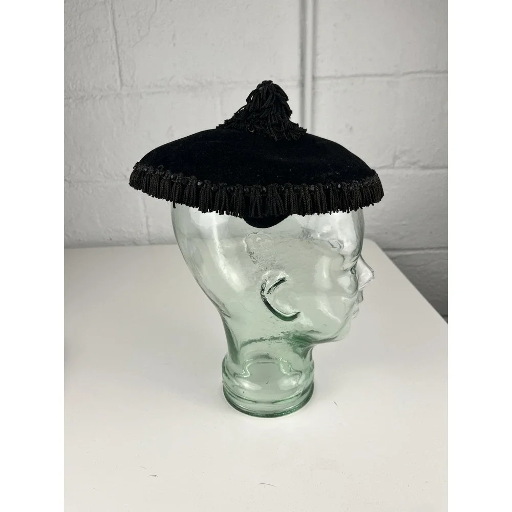 Black Velvet Cocktail Hat Headband Tassel Fringe Flechet France Vintage Evening